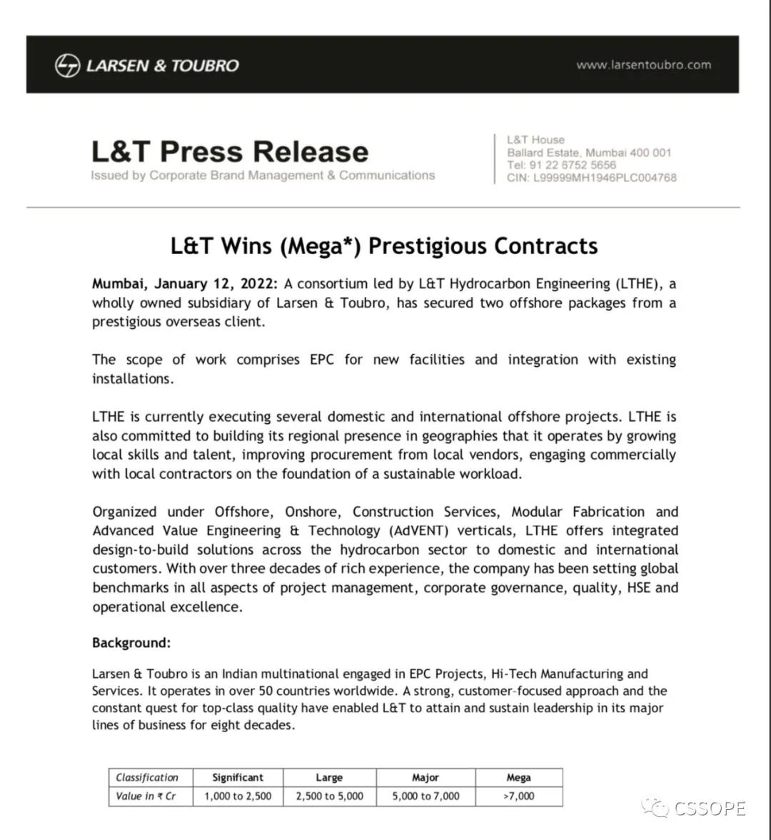 【独家报道】印度L&T为海上项目寻求供应商 【独家报道】印度L&T为海上项目寻求供应商